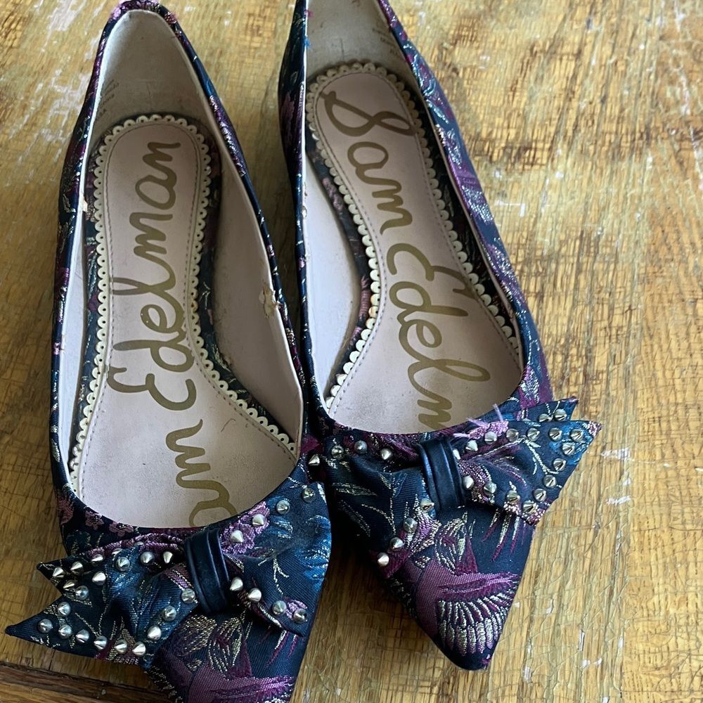 Sam Edelman Black and Purple Floral Bow Flats